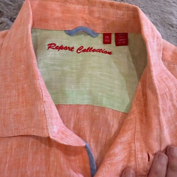 Report Collection Men Linen Shirt XXL Orange Short Sleeve Button-Up Modern Beach - Picture 2 of 10